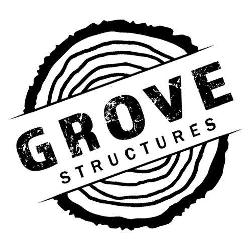 Black-and-white Grove Structures logo with tree-ring circle and distressed text