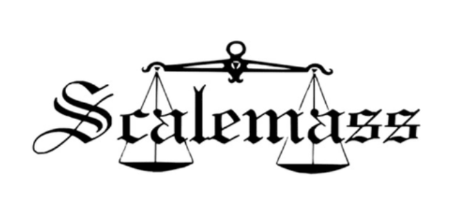 A black and white logo for scalemass with a scale on it.