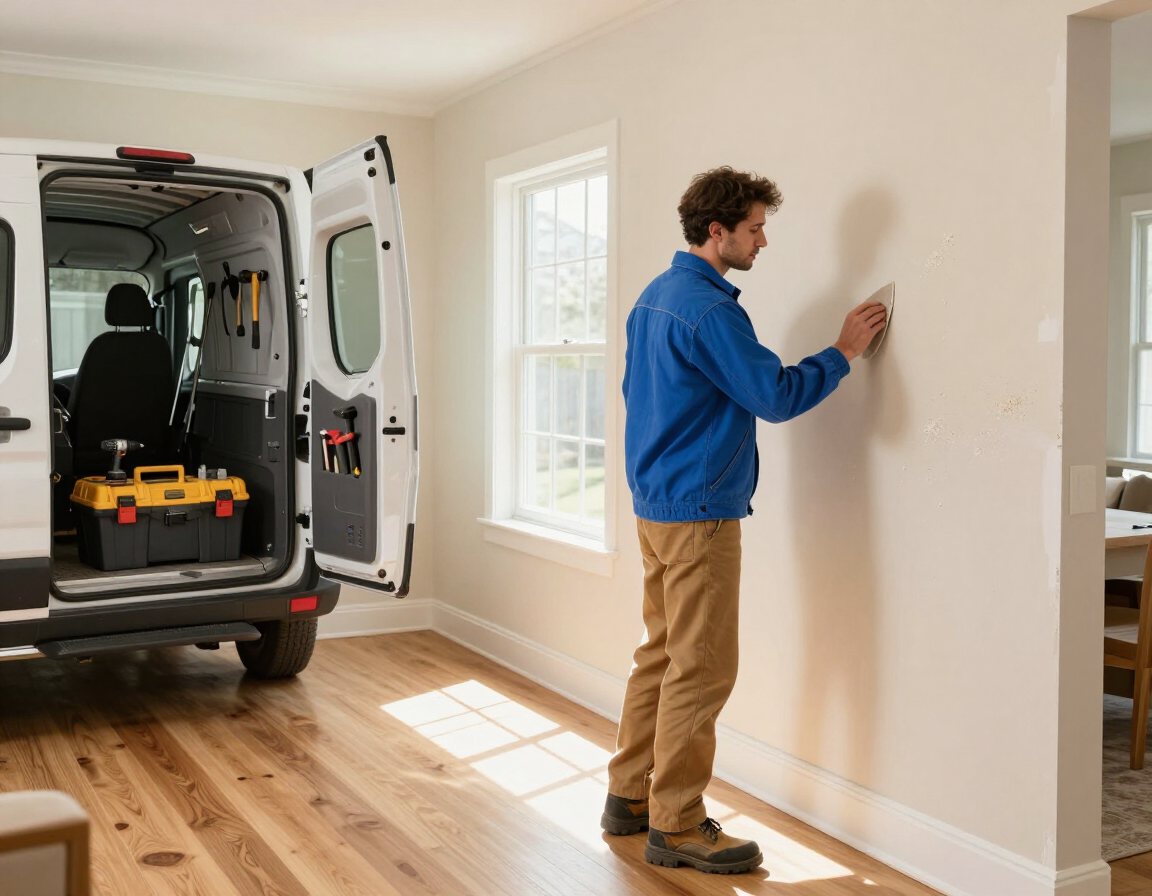 Person in blue shirt measuring a wall in a bright room beside a work van loaded with tools.