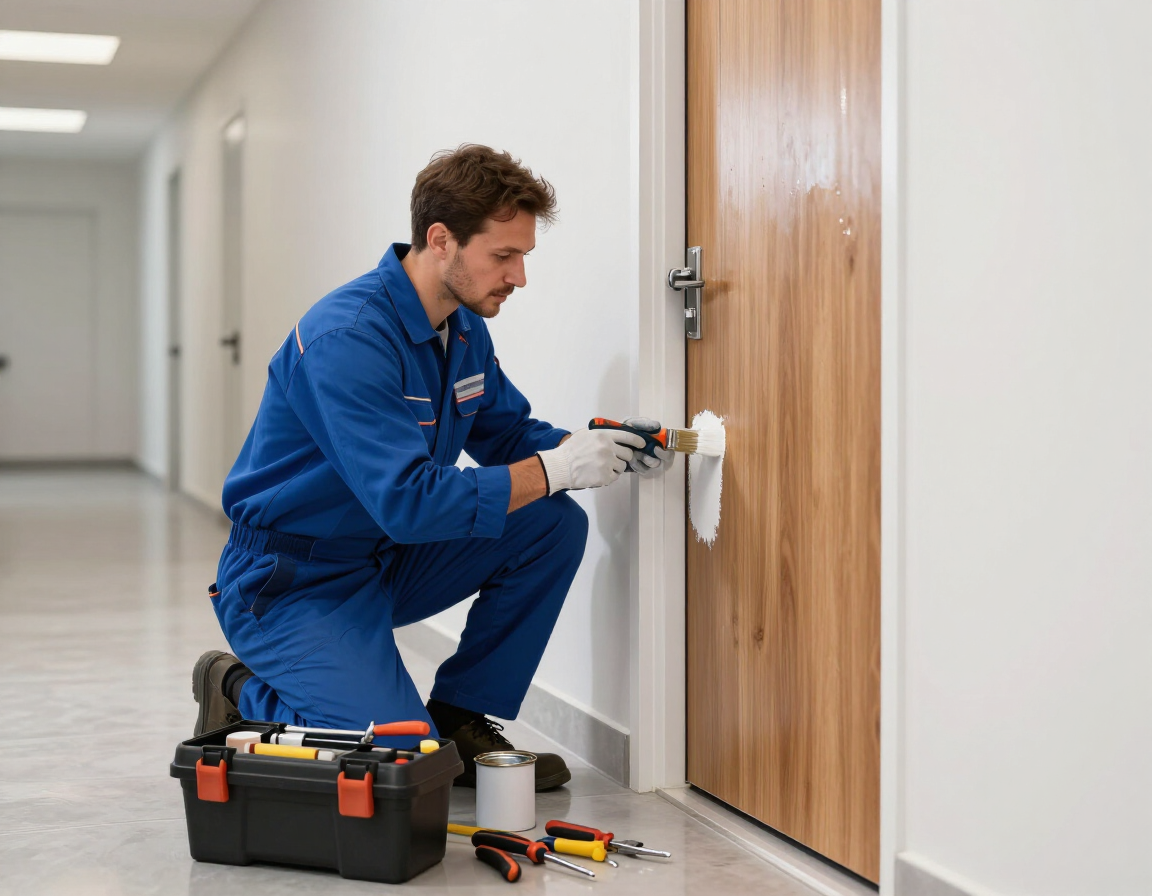 Technician in blue coveralls installing a door lock with tools in a hallway