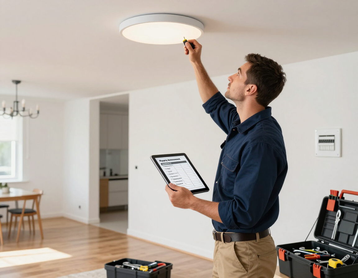 Technician replacing a ceiling light while holding a tablet in a bright living room with tools nearby