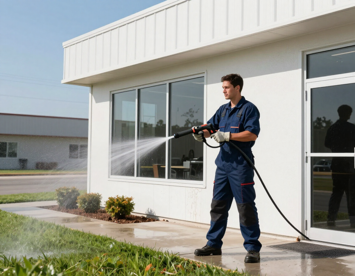 Worker pressure-washing a white building exterior beside windows and shrubs