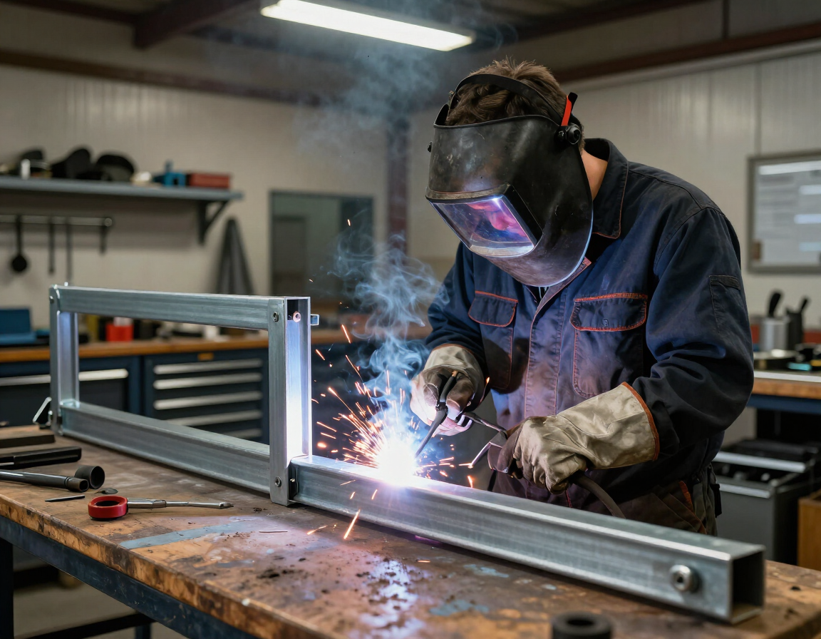 Welder in protective gear sparks metal fabrication in a workshop