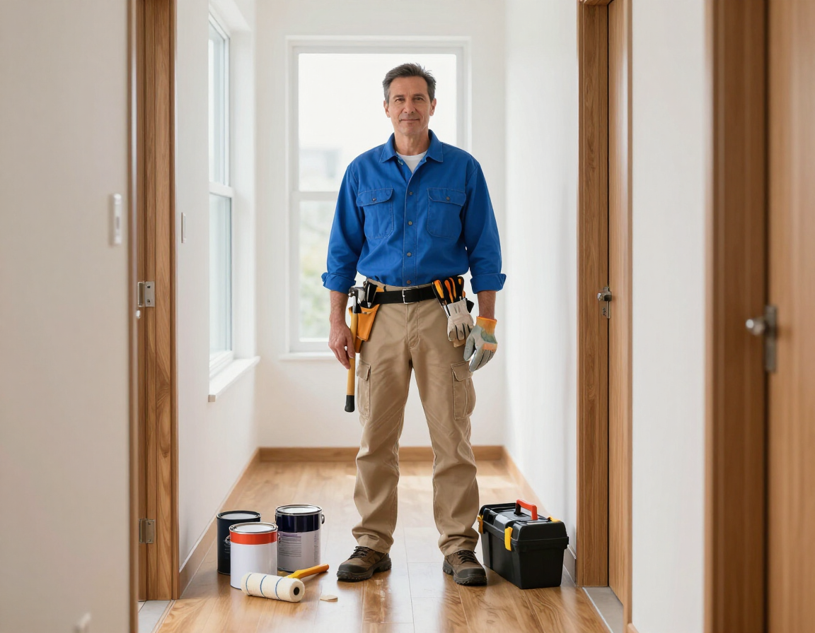 Worker in blue shirt standing in a hallway with painting tools and supplies on the floor.