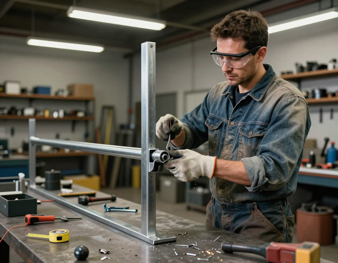 Man in safety glasses welding a metal frame at a workshop workbench