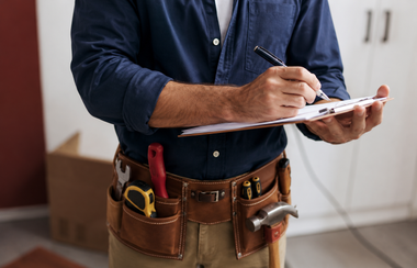 Worker holding a clipboard and pen, wearing a tool belt in a workshop or home repair setting