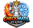 Checkmate A/C & Heat logo with king chess piece, wrench, and fire and ice split background