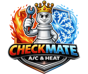 Checkmate A/C & Heat logo with king chess piece, wrench, and fire and ice split background