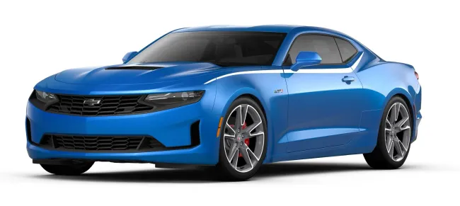 a blue chevrolet camaro coupe is shown on a white background .