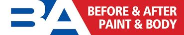 a before and after paint and body logo on a red background