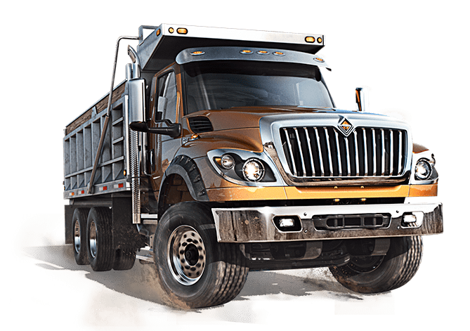 a dump truck is parked on the side of the road on a white background .