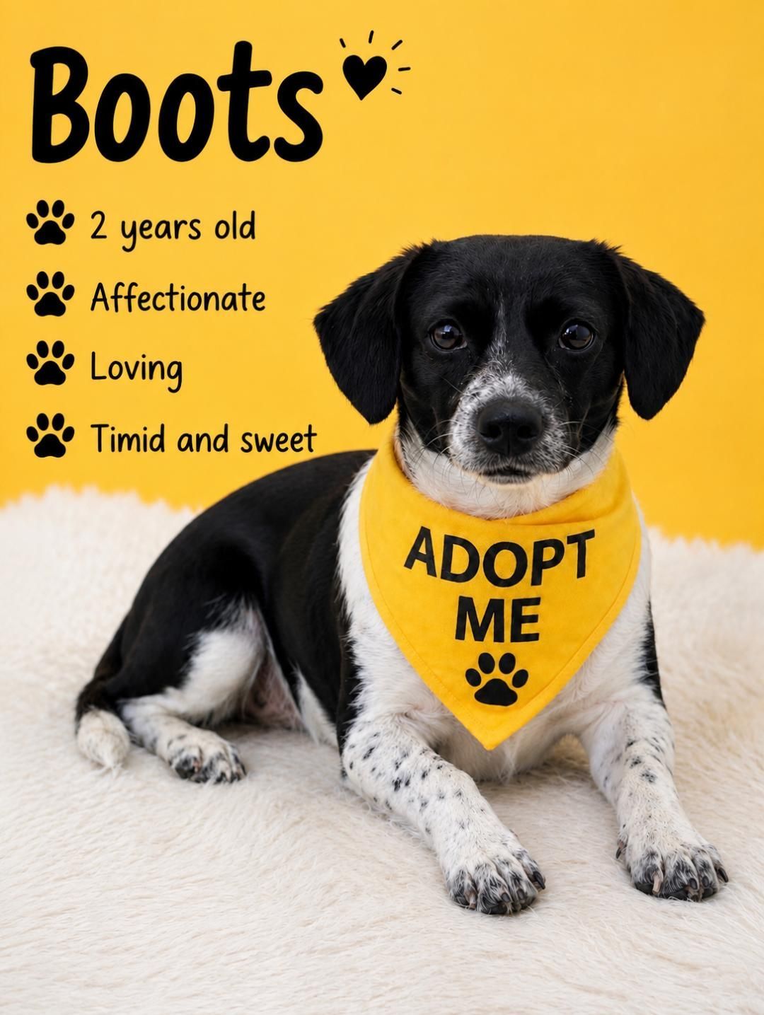 Black-and-white puppy wearing a yellow “ADOPT ME” bandana on a white rug against a yellow background