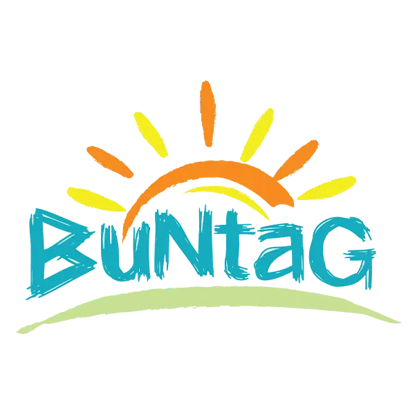 Buntag logo with teal text, orange sun rays, and a green curved line on a white background