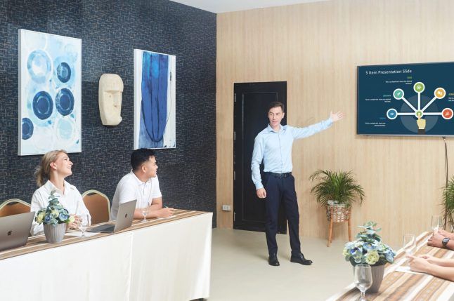 Meeting room presentation with a speaker pointing at a wall screen while attendees listen at a table.