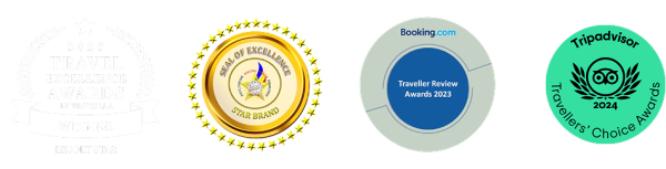 Four circular seals/logos aligned horizontally on a white background, each in different colors.