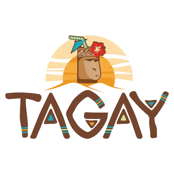 TAGAY logo with a stylized brown face, turquoise headdress, red flower, and sunset backdrop