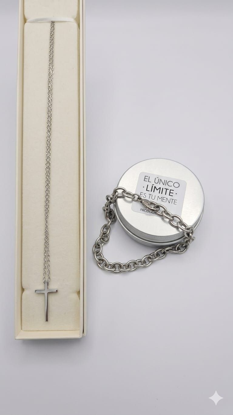 Collar Cruz + Pulsera Acero