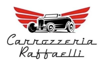 Logo della Carrozzeria Raffaelli con un'auto classica nera e dettagli rossi a forma di ali.