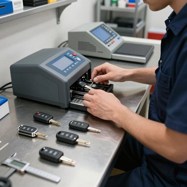 Tecnico che programma chiavi per auto su un banco di lavoro con telecomandi e macchine per la duplicazione delle chiavi.