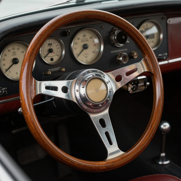 Cruscotto di un'auto d'epoca con volante in legno e indicatori vintage.