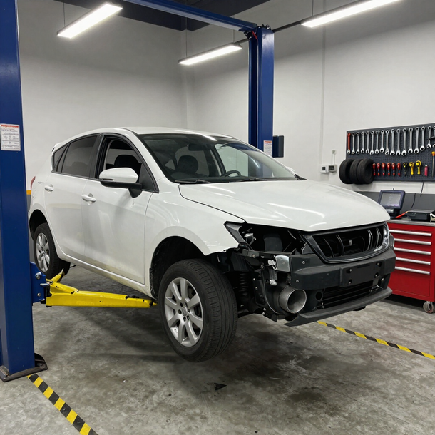 SUV bianco su un ponte sollevatore in un'officina meccanica, con il paraurti anteriore rimosso.