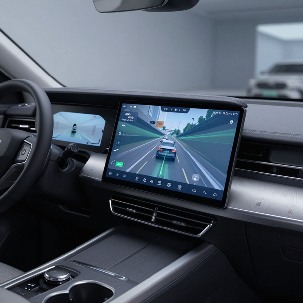 Interni dell'auto con doppio schermo che mostra la visuale di guida e i comandi del cruscotto, oltre al volante e alla console centrale.
