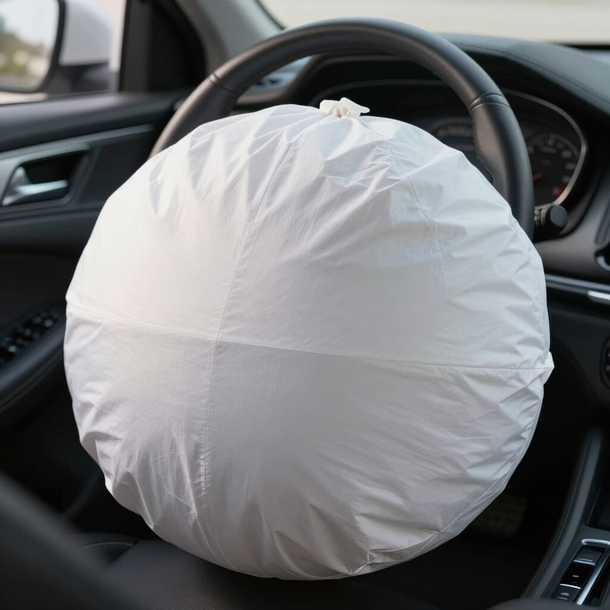 Airbag bianco che si apre sopra il volante all'interno dell'abitacolo di un'auto.