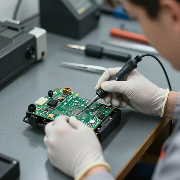 Mani guantate che saldano un circuito stampato verde su un banco da lavoro con utensili elettronici nelle vicinanze.