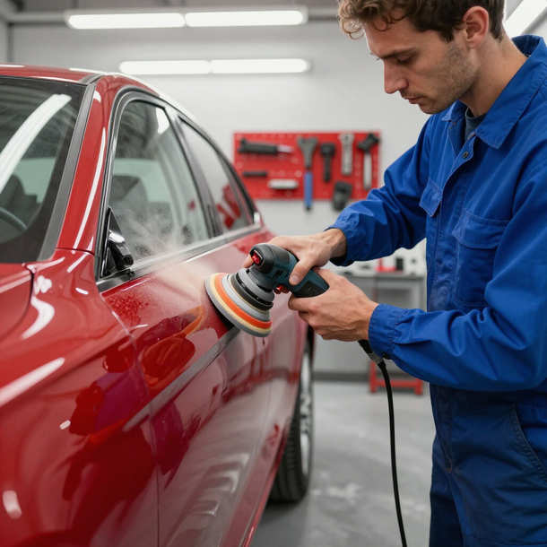 Un tecnico specializzato lucida la portiera di un'auto rossa con una lucidatrice in un'officina luminosa.