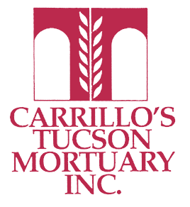 Carrillo's Tucson Mortuary Inc. logo. Maroon arches and center wheat design above text on a white background.