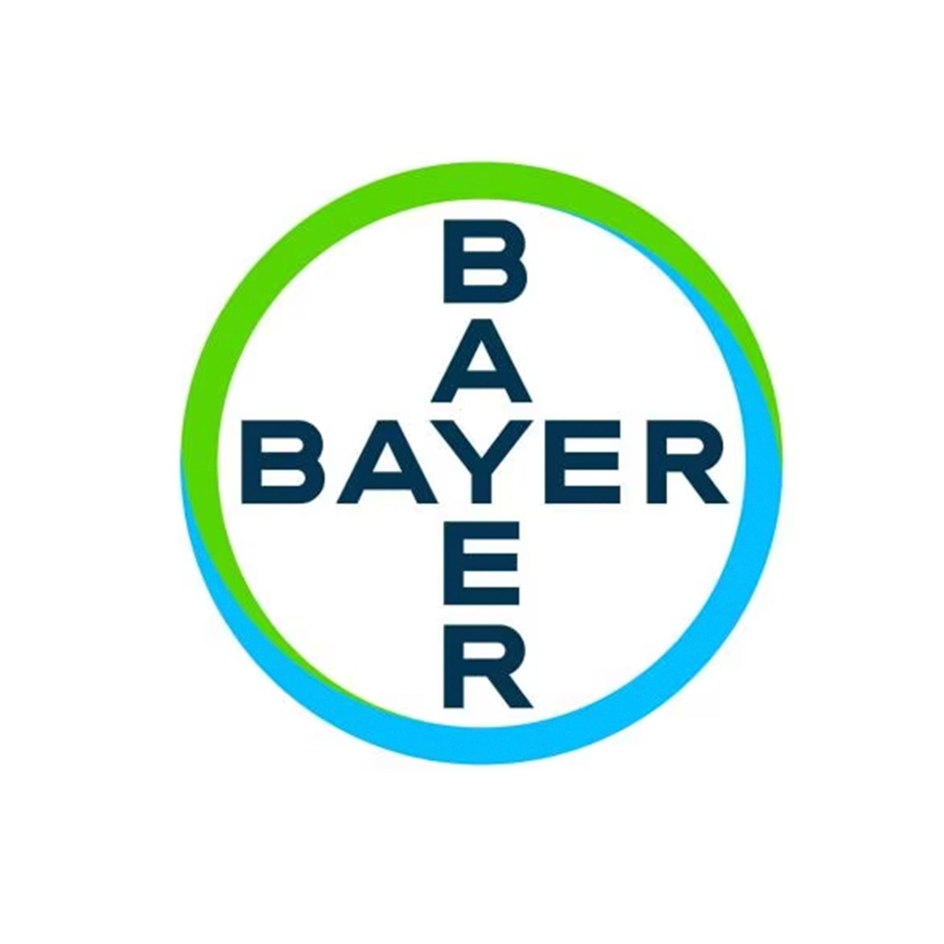 El logo de Bayer está en un círculo verde y azul.
