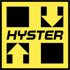 Un logotipo de Hyster amarillo y negro con cuadrados y flechas.