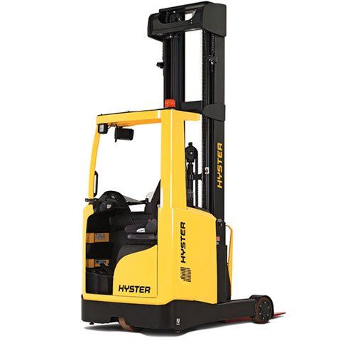 Una carretilla elevadora amarilla y negra sobre un fondo blanco.