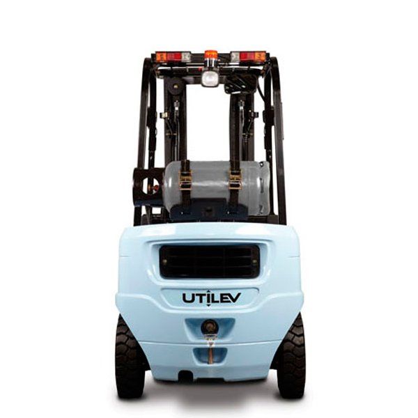 Una carretilla elevadora azul con la palabra utilev en el frente.