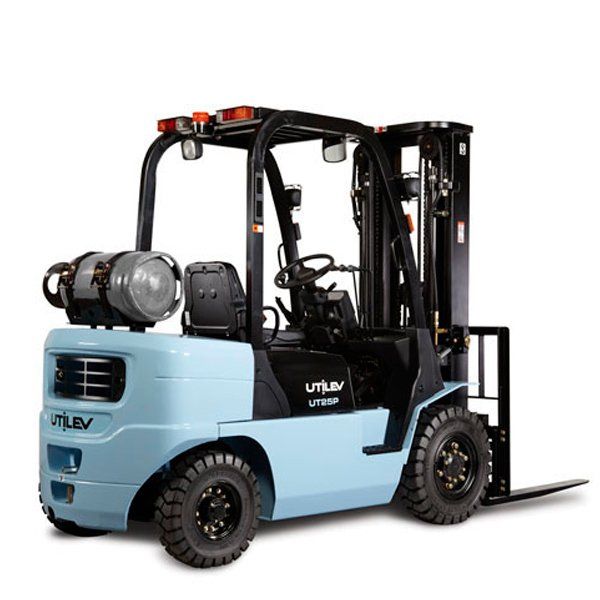 Una carretilla elevadora azul con un tanque de gasolina encima.
