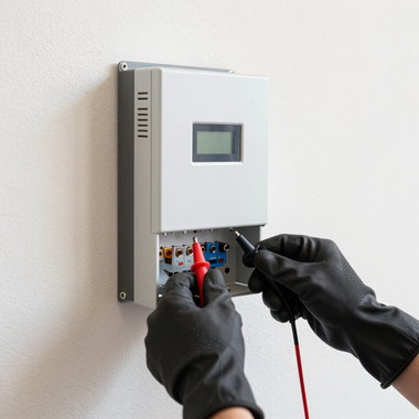 Gloved hands using test leads on a wall-mounted electrical control panel