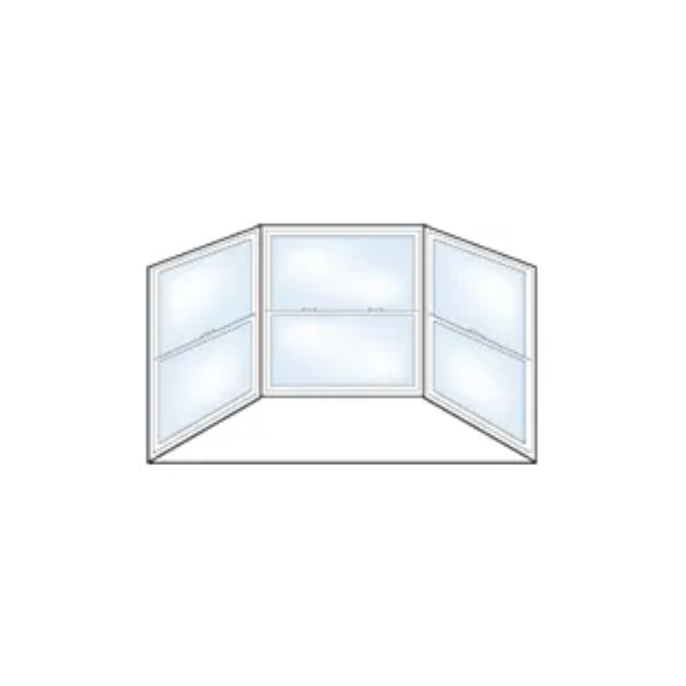A drawing of a bay window with three windows on a white background.