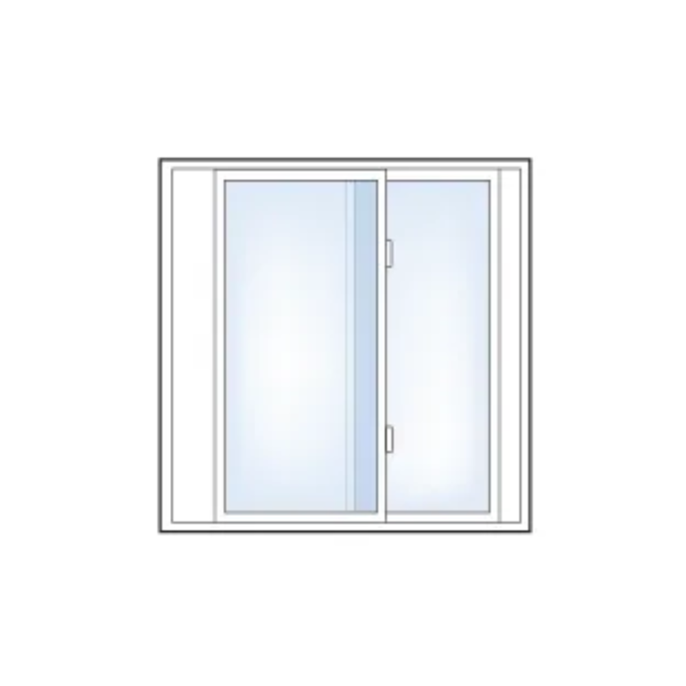 A drawing of a sliding glass door on a white background.