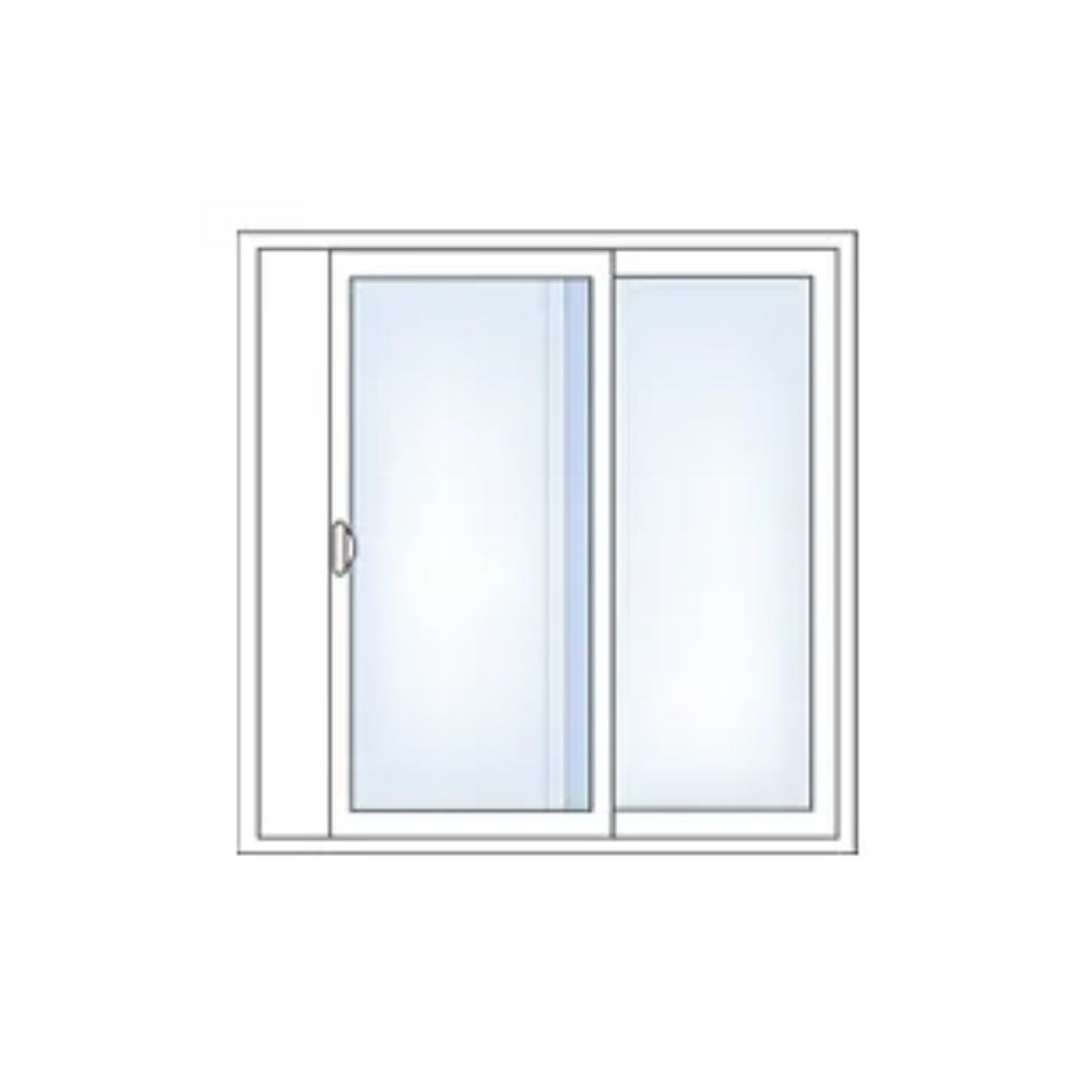 A drawing of a sliding glass door on a white background.