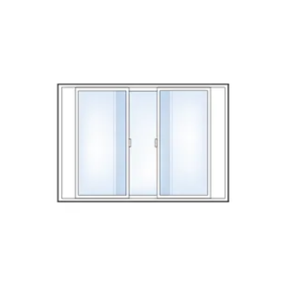 A drawing of a sliding glass door on a white background.