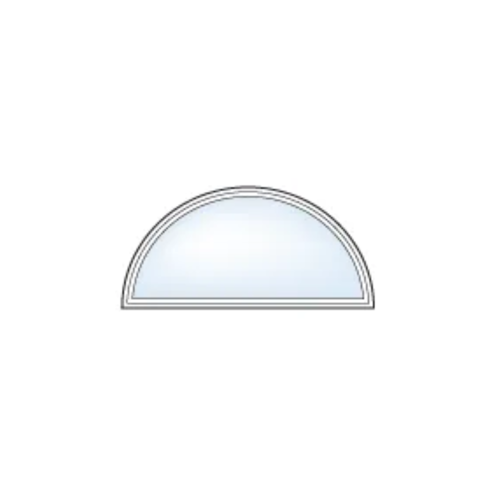 A half round window with a white frame on a white background.