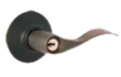 A close up of a door handle on a white background.