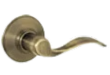 A close up of a door handle on a white background.