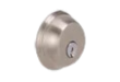 A close up of a stainless steel door lock on a white background.