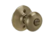 A close up of a door knob on a white background.