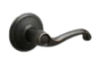 A close up of a black door handle on a white background.