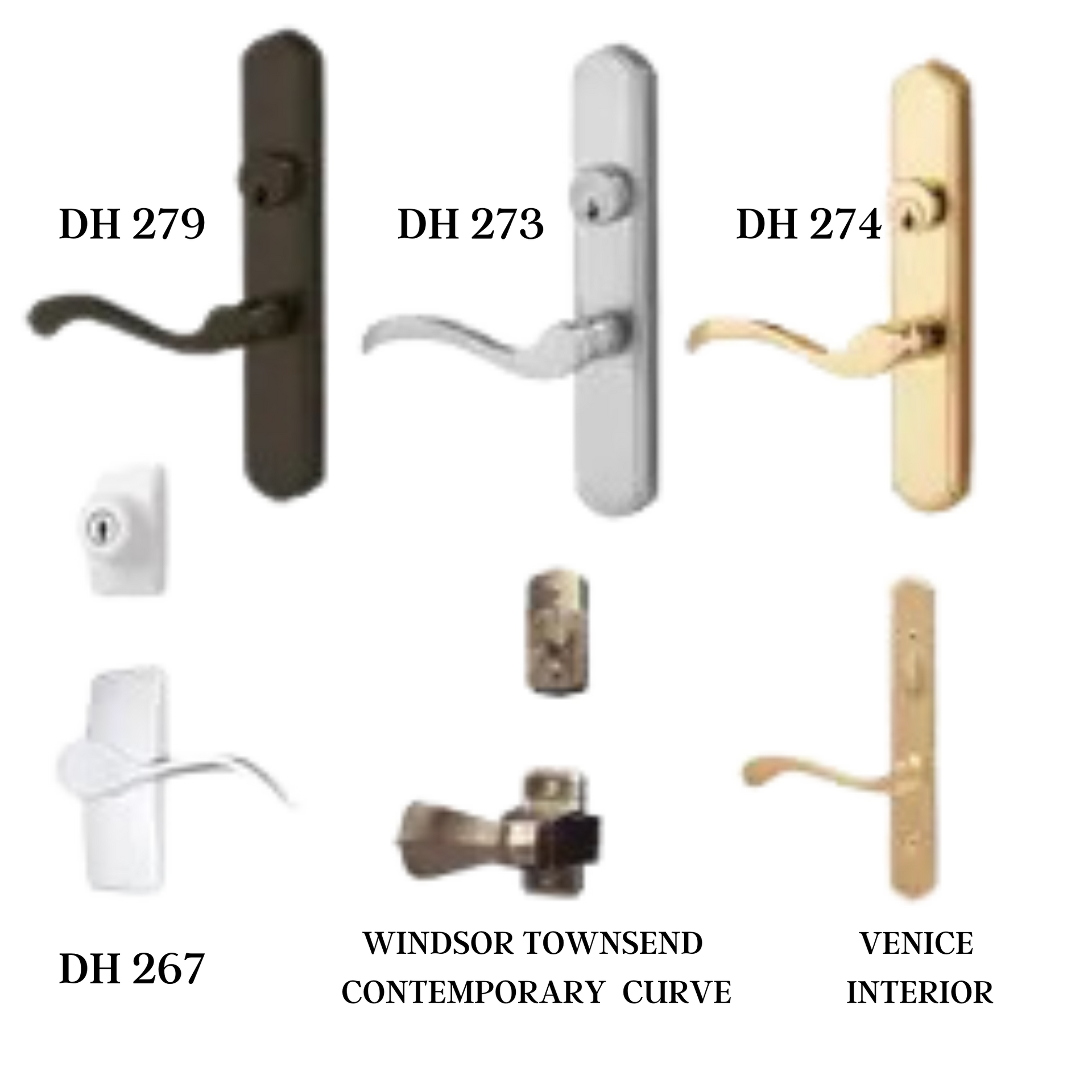 Three different types of door handles are shown on a white background