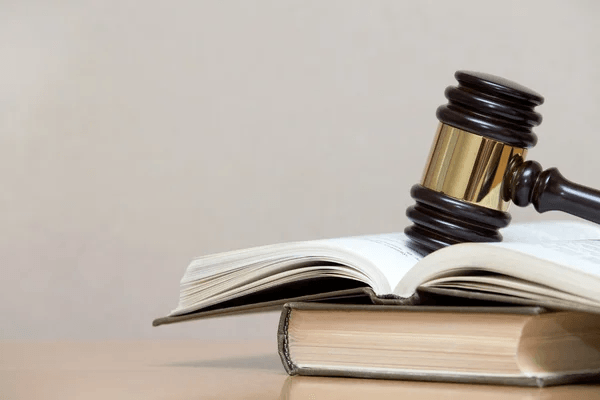 A judge 's gavel is sitting on top of an open book.