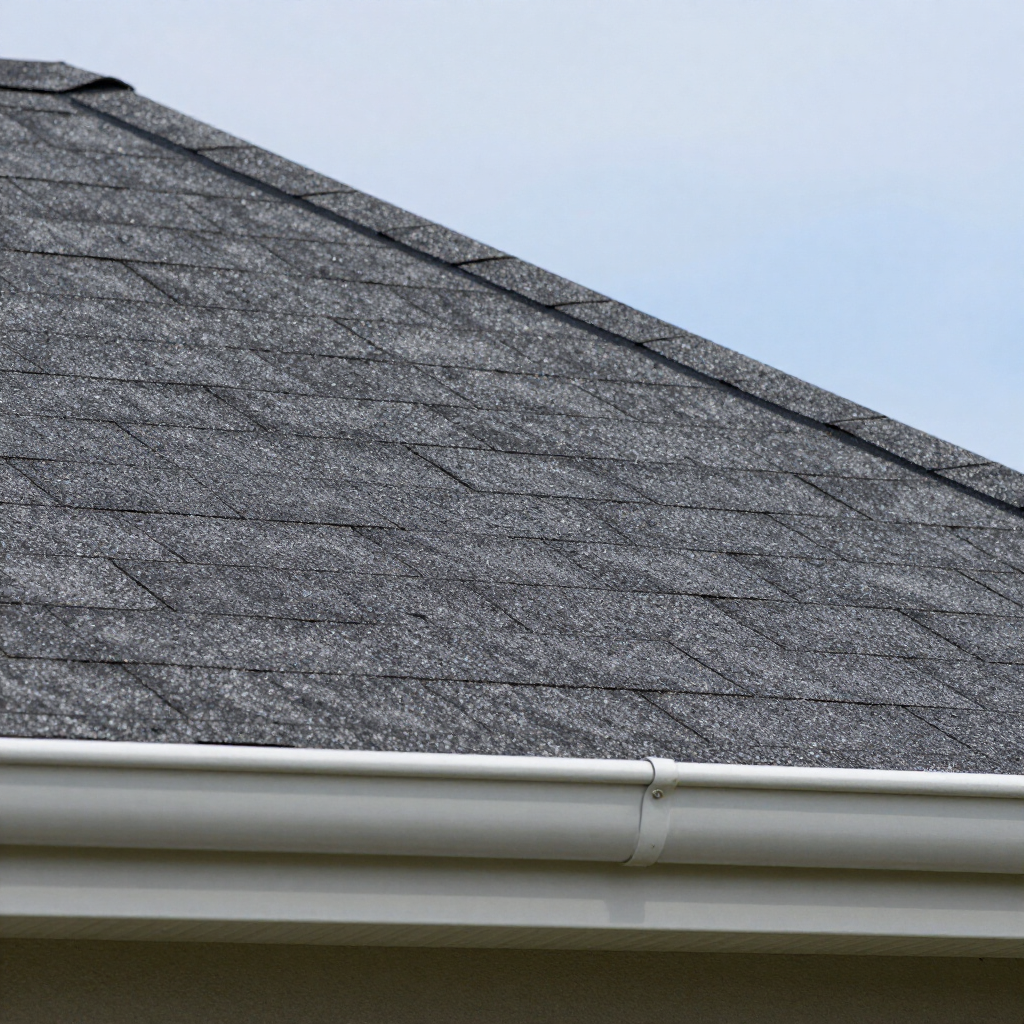 Gray shingled roof with a white gutter against a pale sky