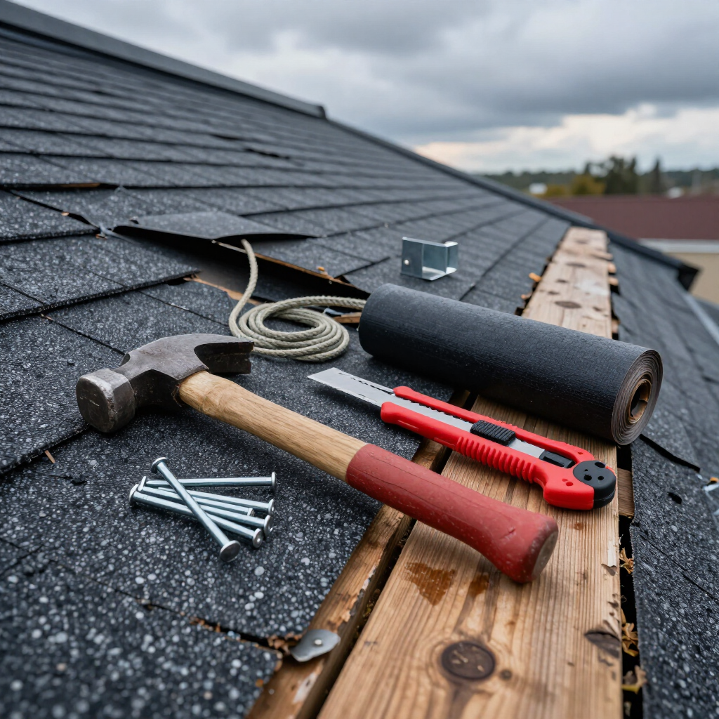 Roofing tools on a shingled roof beside a wooden plank and gutter edge under cloudy sky